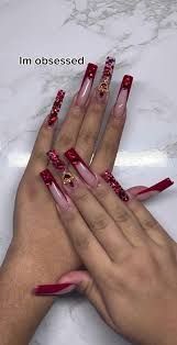 baddie red nails long