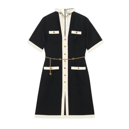 Short wool silk dress with chain belt in Black cady wool silk | Gucci Women's Ready to Wear