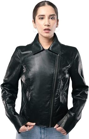 Olly And Ally Women Black Leather Jacket Real Sheep Fashion Designers Jacket- ELF39 at Amazon Women's Coats Shop