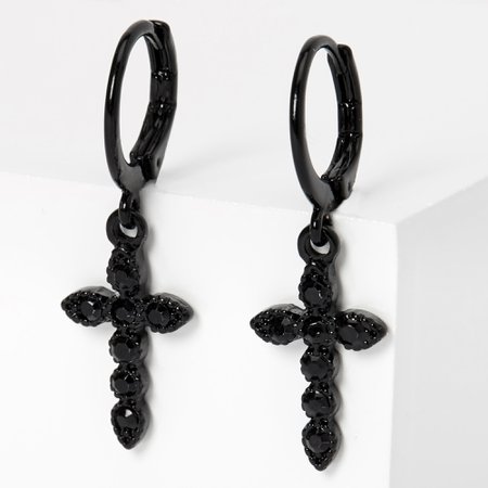Black 10MM Embellished Cross Huggie Hoop Earrings | Claire's US