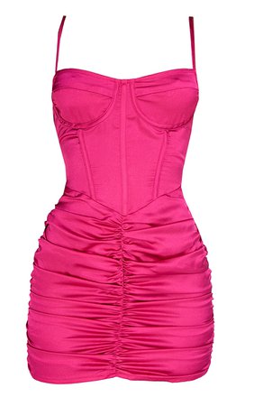 Hot Pink Satin Strappy Corset Skirt Bodycon Dress | PrettyLittleThing USA