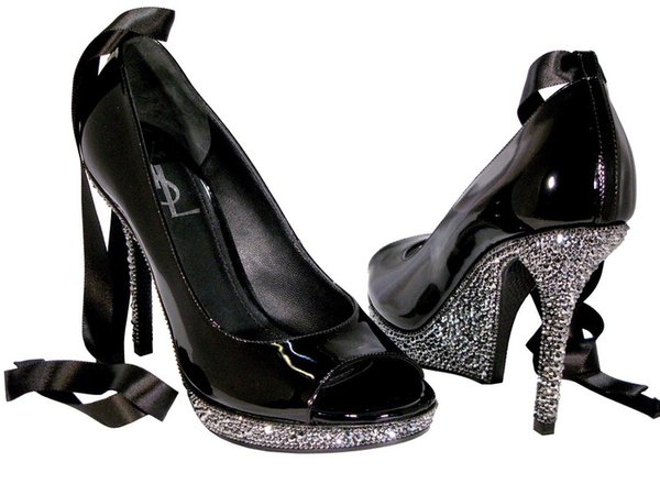 YSL Black Patent Fatale Bow - Crystal Heels and Platform