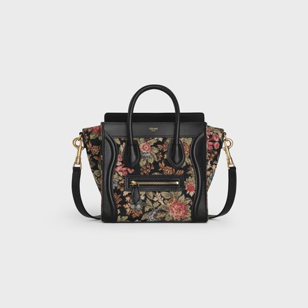 Nano Luggage bag in Floral Jacquard and Calfskin - Black | CELINE