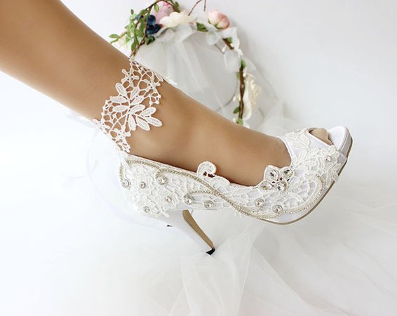 Gorgeous Satin Ivory White color bride lace woman wedding shoes high heels peep toe Bridal Bridesmaids shoes | Wish