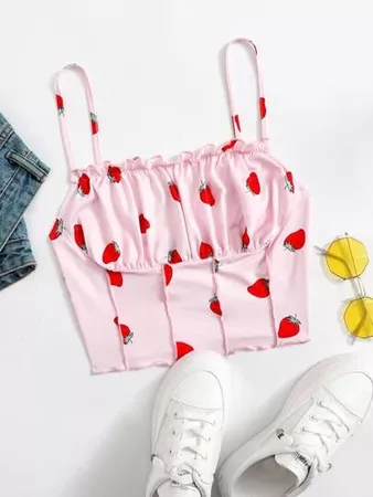 Strawberry Print Lace Detail Cami Top | SHEIN USA