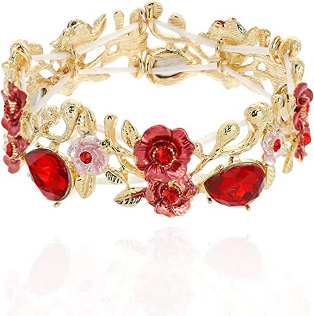 Amazon.com: SP Sophia Collection Women's Coated Rose Garden Butterfly Floral Bouquet Crystal Stretchable Corsage Bracelet in Gold Red: Clothing, Shoes & Jewelry