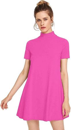 Milumia Women's Casual Mock Neck T Shirt Dress Plain Short Sleeve Loose Swing Dress Red Plain Large at Amazon Women’s Clothing store