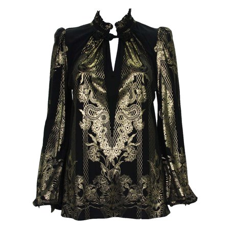 New Roberto Cavalli Black Gold Print Stretch Blouse For Sale at 1stDibs | black and gold blouse