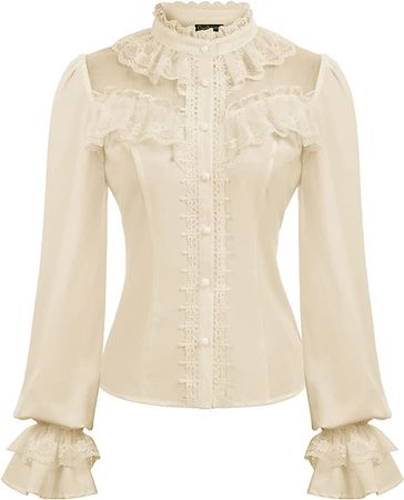 Womens Vintage Stand-Up Collar Ruffled Button Down Blouse Tops White XXL