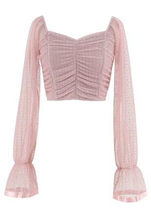 Ruched Dot Mesh Sweetheart Neck Crop Top in Pink - Retro, Indie and Unique Fashion