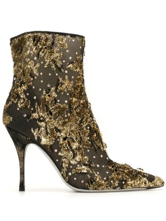 René Caovilla Lurexa 100Mm Embroidered Ankle Boots C10334100TC00Z001 Gold | Farfetch