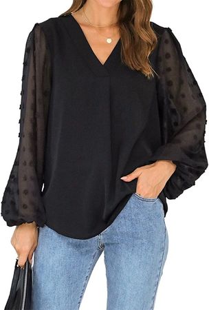 Blooming Jelly Womens Black Blouse V Neck Lantern Sleeve Chiffon Swiss Dot Business Casual Tops Shirts(XL,Black) at Amazon Women’s Clothing store