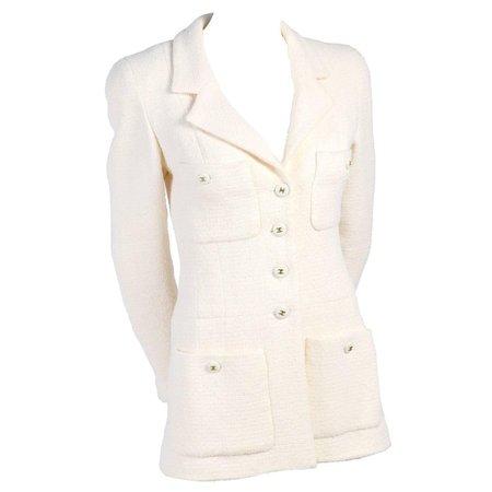 Chanel Creamy Ivory Tweed Wool Blazer Jacket with Logo Buttons and Silk Lining For Sale at 1stdibs
