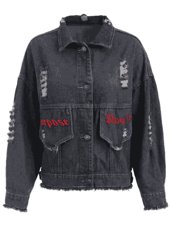 Raw Hem Embroidered Denim Jacket BLACK: Jackets & Coats ONE SIZE | ZAFUL