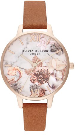 Marble Florals Leather Strap Watch, 34mm