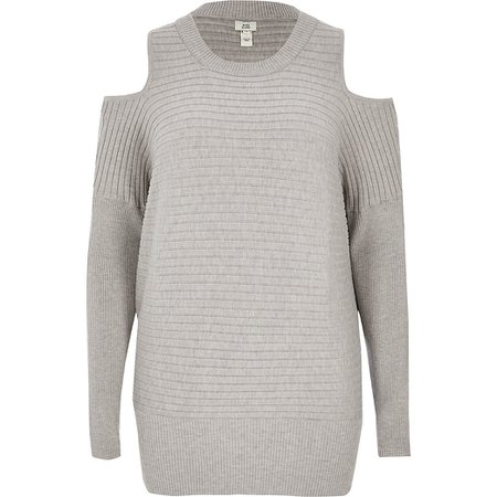 Grey cold shoulder rib knitted jumper | River Island