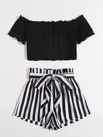 black Lettuce Trim Bardot Top & Paperbag Waist Belted Striped Shorts Set | SHEIN USA