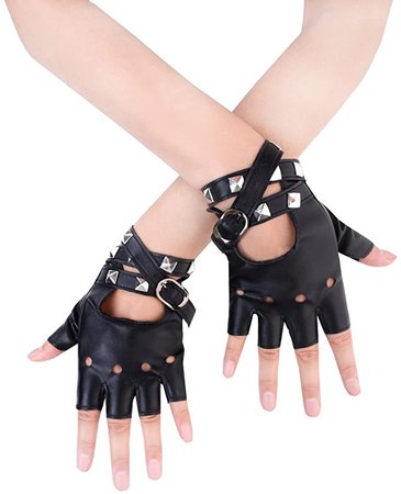 JISEN Women Punk Rivets Belt Up Half Finger PU Leather Performance Gloves Black at Amazon Women’s Clothing store