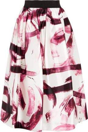 Pleated Printed Satin-twill Midi Skirt