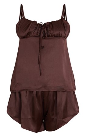 Chocolate Satin Ruched Tie Bust Short PJ Set - Pajamas - Sleepwear - Womens Clothing | PrettyLittleThing USA