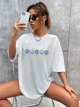 SHENHE Women's Short-Sleeve T Shirts Letter Print Oversized Top Graphic Tees Loose Casual Summer Tops White M at Amazon Women’s Clothing store