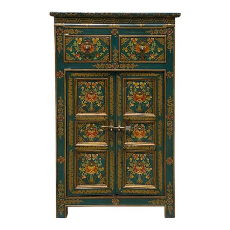 Distressed Teal Blue Green Tibetan Floral End Table Nightstand Cabinet | Chairish