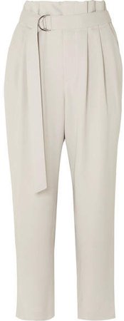 Belted Cropped Wool-blend Gabardine Tapered Pants - Beige