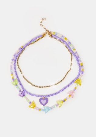 Beaded Butterfly Heart Layered Choker Necklace - Purple – Dolls Kill