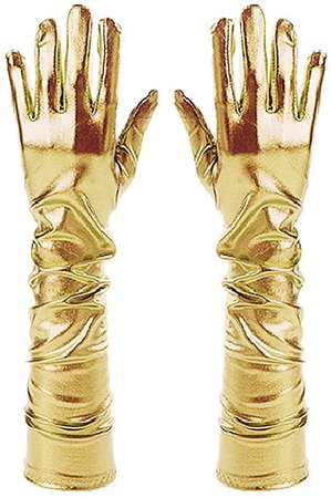 Van Caro Women Shiny Metallic Elbow Length Gloves Elastic Stain Opera Gloves, Gold at Amazon Women’s Clothing store