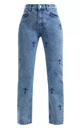 Mid Blue Wash Cross Print Straight Leg Jeans | PrettyLittleThing USA