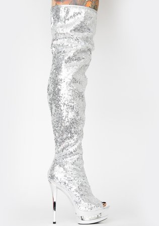 Pleaser Sequin Thigh High Boots - Blondie Silver | Dolls Kill