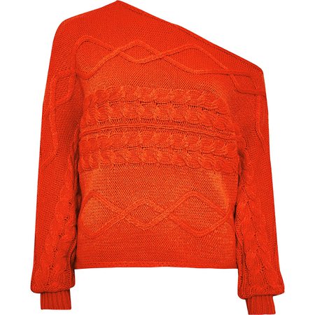 Orange asymmetric bardot knitted jumper | River Island