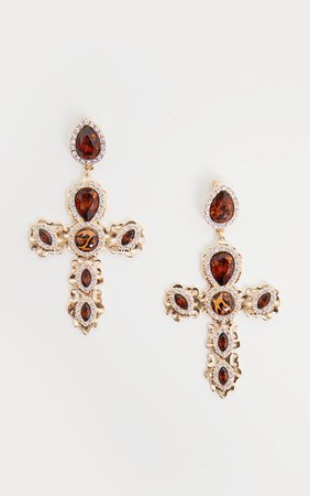 Gold Black Gemstone Cross Earrings | PrettyLittleThing USA