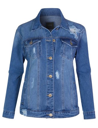 LE3NO Womens Vintage Ripped Distressed Long Sleeve Boyfriend Fit Denim Jean Jacket | LE3NO blue