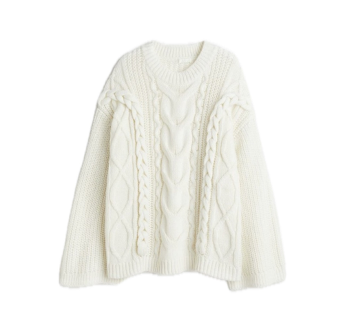 H&M Oversized White Wool Blend Braided Cable Knit Chunky Sweater