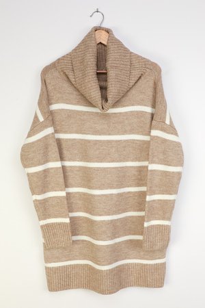 Beige Striped Dress - Turtleneck Mini Dress - Knit Sweater Dress - Lulus