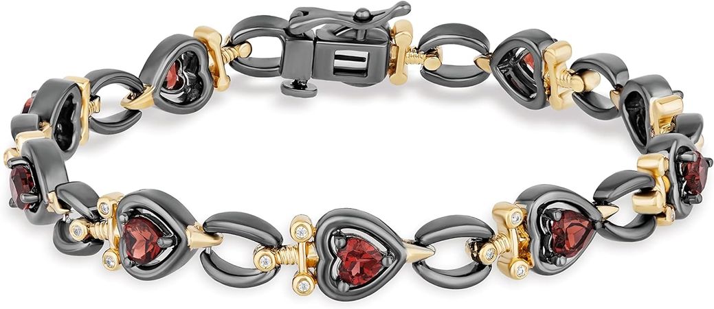 Amazon.com: Jewelili Enchanted Disney Fine Jewelry Black Rhodium and 14K Yellow Gold Over Sterling Silver 4 MM Heart Shape Garnet and 1/10 Cttw Natural White Round Diamond Evil Queen Dagger Bracelet: Clothing, Shoes & Jewelry