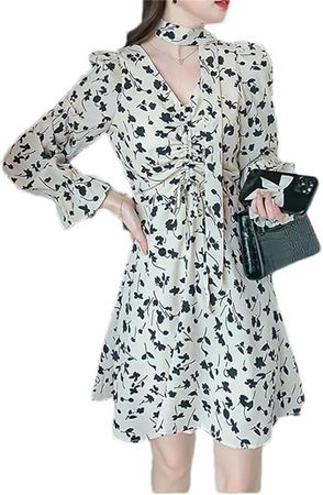 Women Long Sleeve French Style Vintage Dress Slim Mini Floral Folds V Neck Party Dress at Amazon Women’s Clothing store