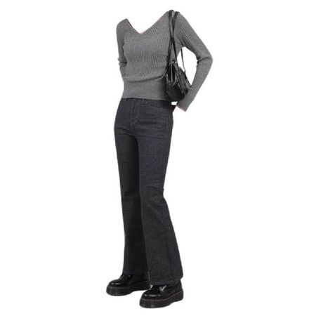 gray v neck sweater black flare jeans oxfords platform oxford shoes bag full outfit png