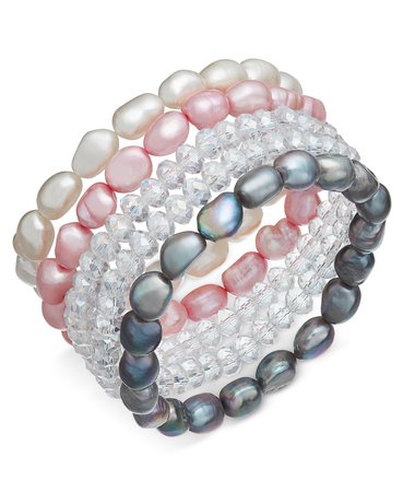 Macy's 5-Pc. Set White, Pink & Gray Cultured Freshwater Baroque Pearl and Rondel Crystal Stretch Bracelets