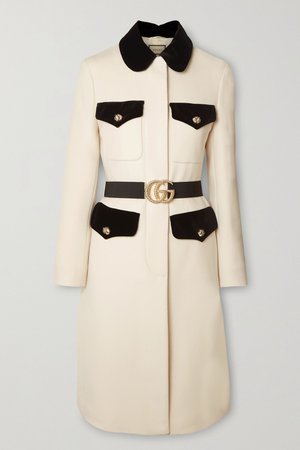 Ivory Belted velvet-trimmed wool coat | Gucci | NET-A-PORTER