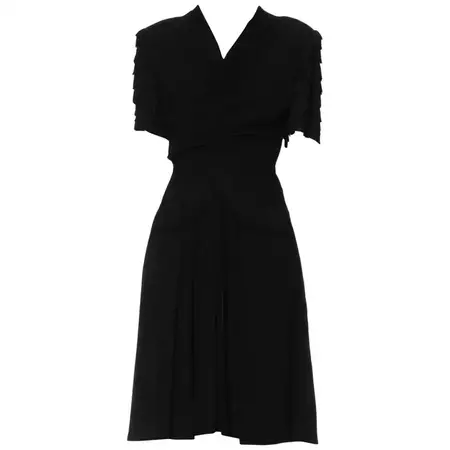 1940S Black Rayon Crepe Shirred Front Dress With Fringe Sleeves For Sale at 1stDibs
