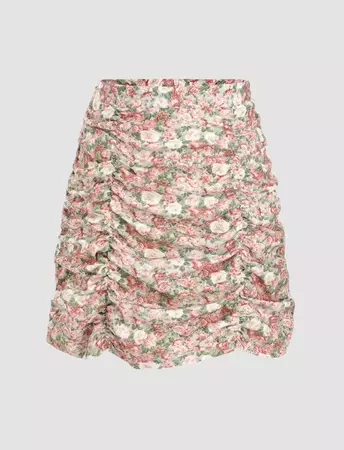 Floral Pattern Ruched Mini Skirt - Cider