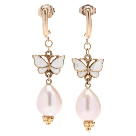 14 Karat Yellow Gold Enamel Butterfly and Pearl Dangle Earrings For Sale at 1stDibs