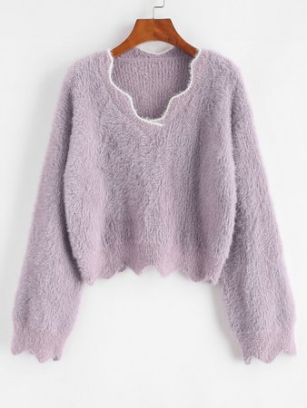 [27% OFF] 2020 Fuzzy Knit Drop Shoulder Contrast Trim Sweater In PURPLE | ZAFUL