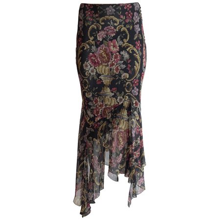 New John Galliano Floral Embroidery Print Silk Floaty Asymmetric Chiffon Skirt For Sale at 1stDibs