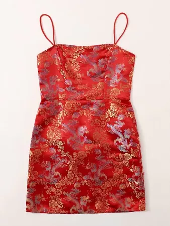 Dragon & Floral Jacquard Satin Cami Dress | SHEIN USA red