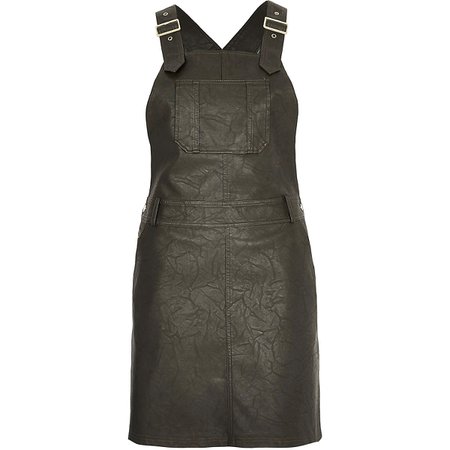 Khaki faux leather pinafore overall dress - Shift Dresses - Dresses - women