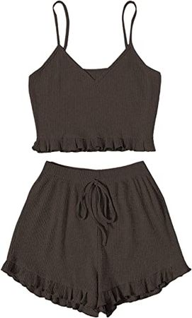Brown Avanova Women's Pajama Set Ruffle Trim Cami Top and Shorts 2 Piece Sleepwear Set at Amazon Women’s Clothing store
