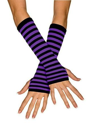 Fingerless Thumb Gloves Arm Warmers Striped Ladies Women Mitten Black and Purple | eBay